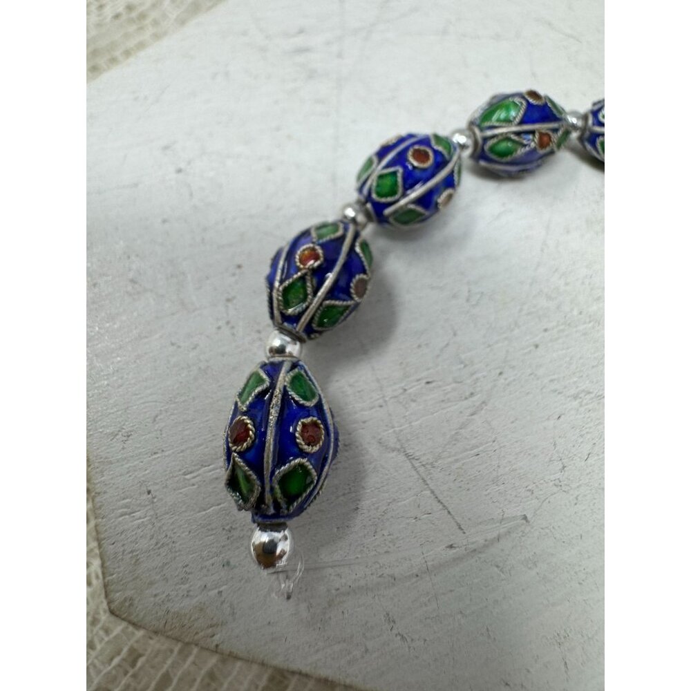 Vintage Cloisonné Oval Beads With Blue & Green Enamel Accents Silver-Toned Loose
